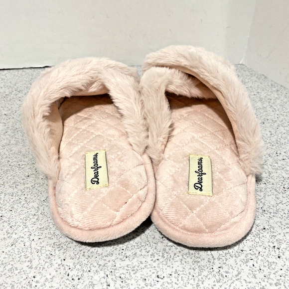 Dearfoams Pink Faux Fur Slippers Soft Crossover Padded Quilted Size L / 8-10 - Picture 3 of 9